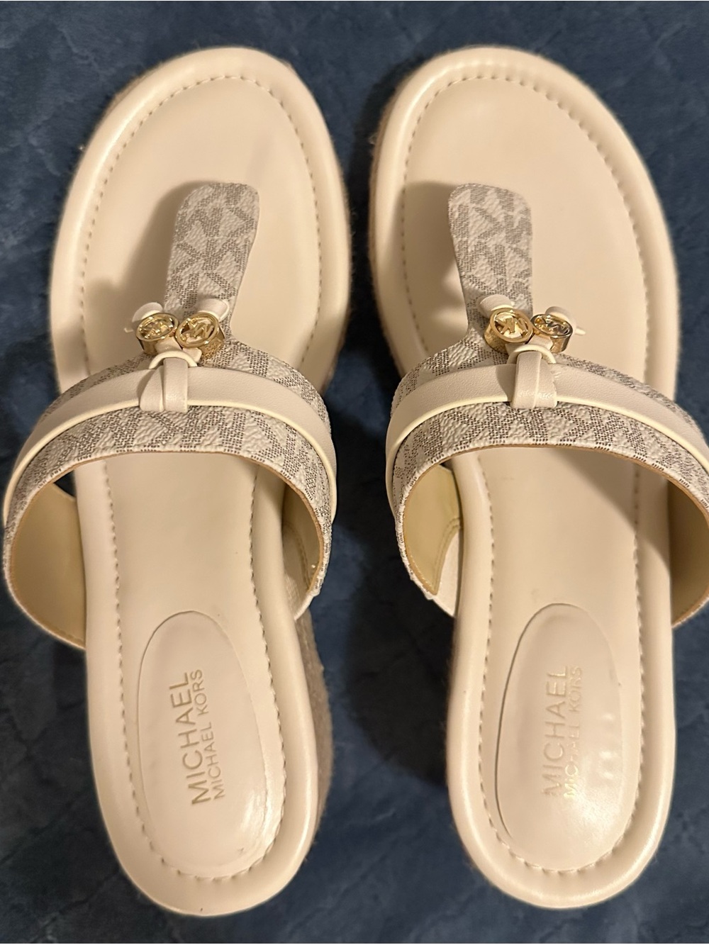 Michael Kors Cream Logo-Print Thong Sandals with Gold Accents
